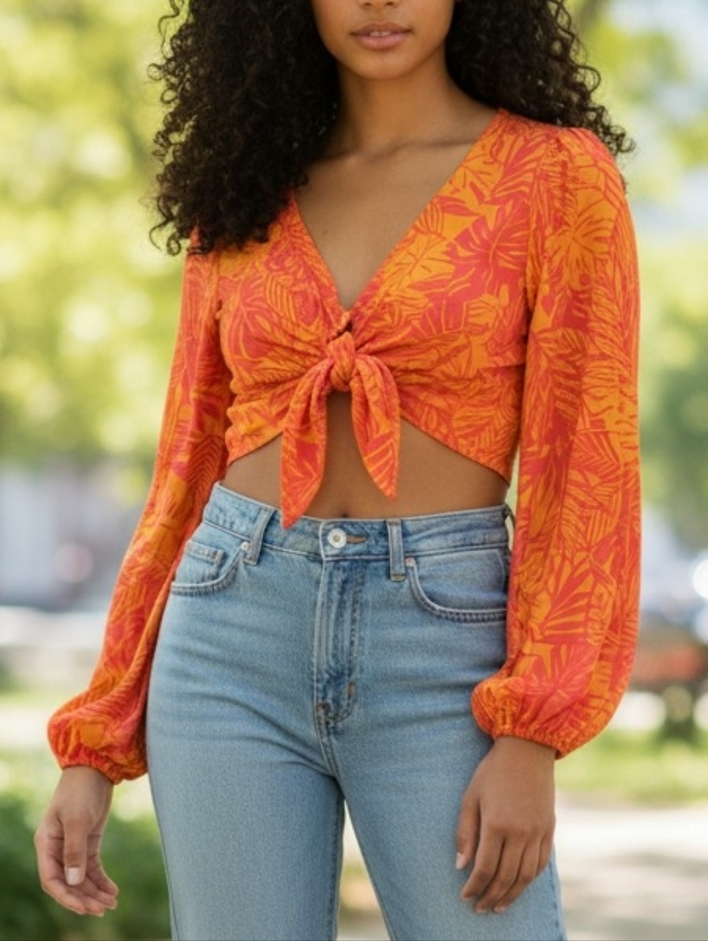 Bar III Orange Front Twist Long Sleeve Crop Top Size Medium